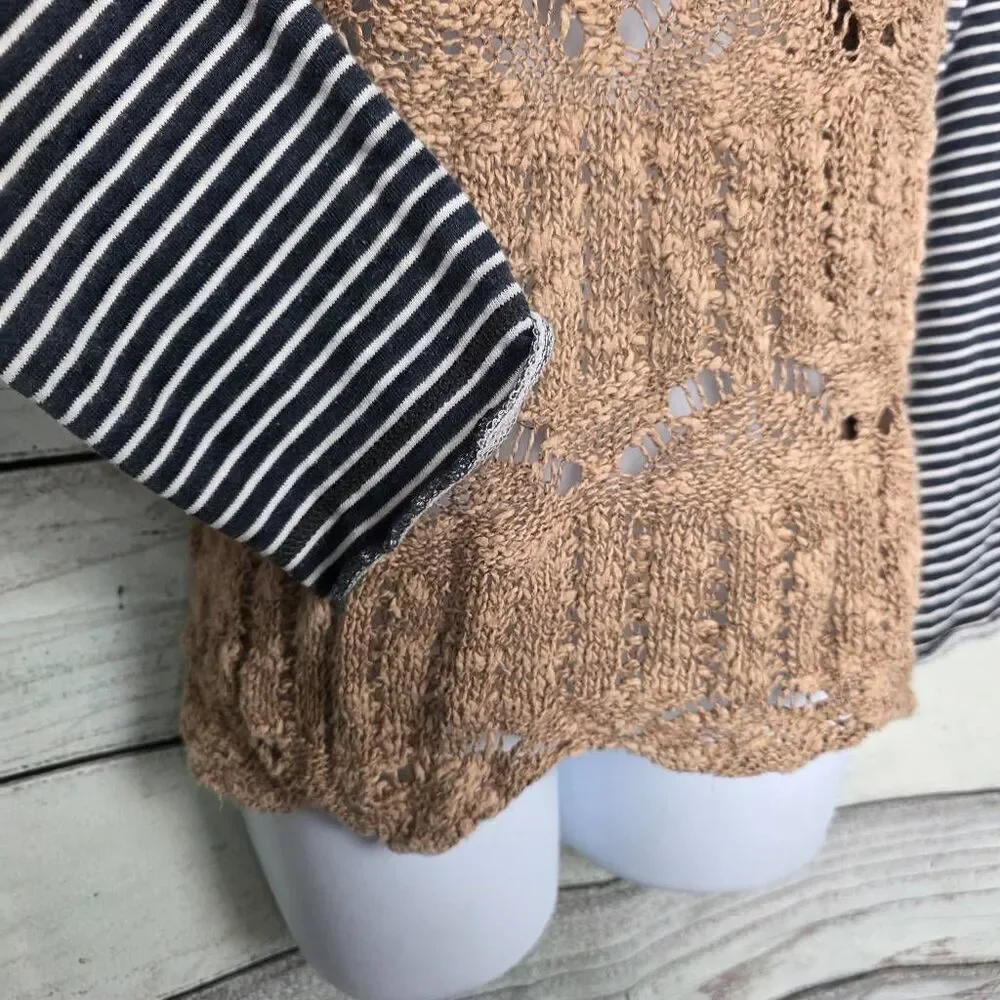 BKE S Tan Knit Sweater with Striped Long Sleeves